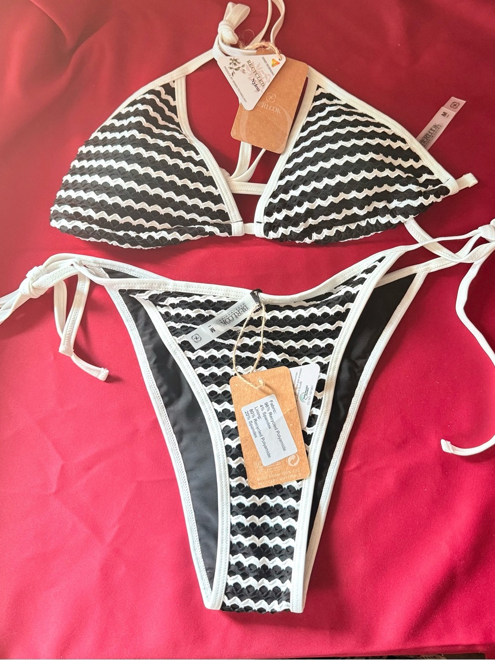 Women's Black & White Crochet-Trim Triangle Bikini Set
